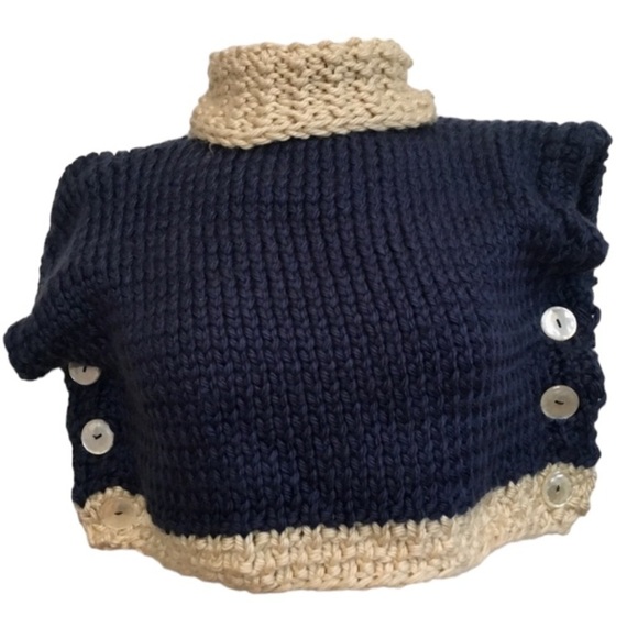 Hand Knit Dark Blue and Cream Button Down Child’s Poncho - Picture 1 of 5
